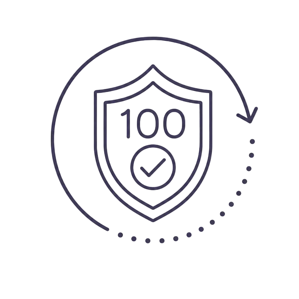 A minimalist dark blue line icon of a shield with '100' and a checkmark, enclosed in a circular arrow on a solid white background.