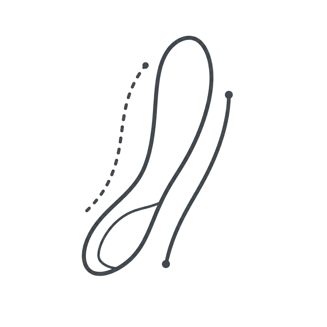 A minimalist black outline icon of a shoe on a solid white background.