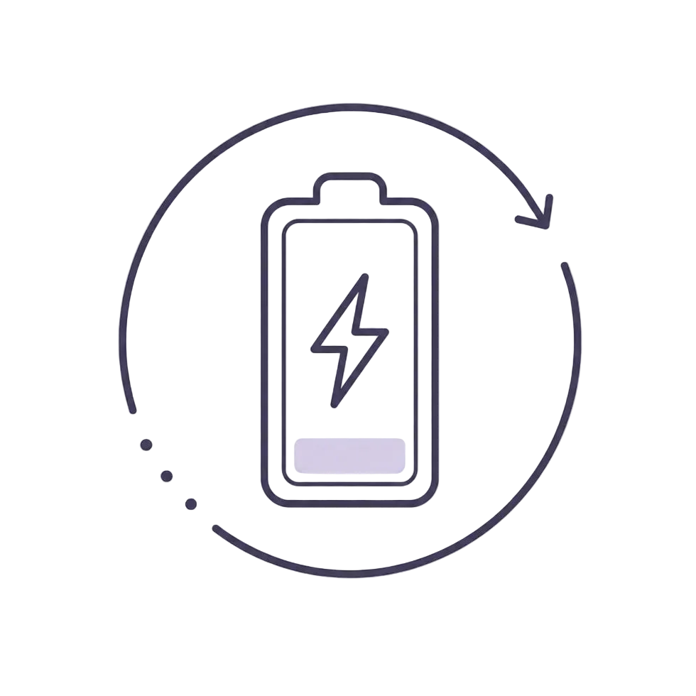 A minimalist line icon of a battery with a lightning bolt and a circular charging arrow on a plain white background.